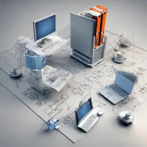 Imagem de computador e laptop em cima de um mapa, apresentando o conceito de suporte de TI