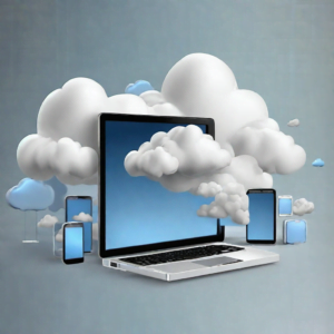 A computação em nuvem simplificada: um laptop com nuvem integrada e outros dispositivos.