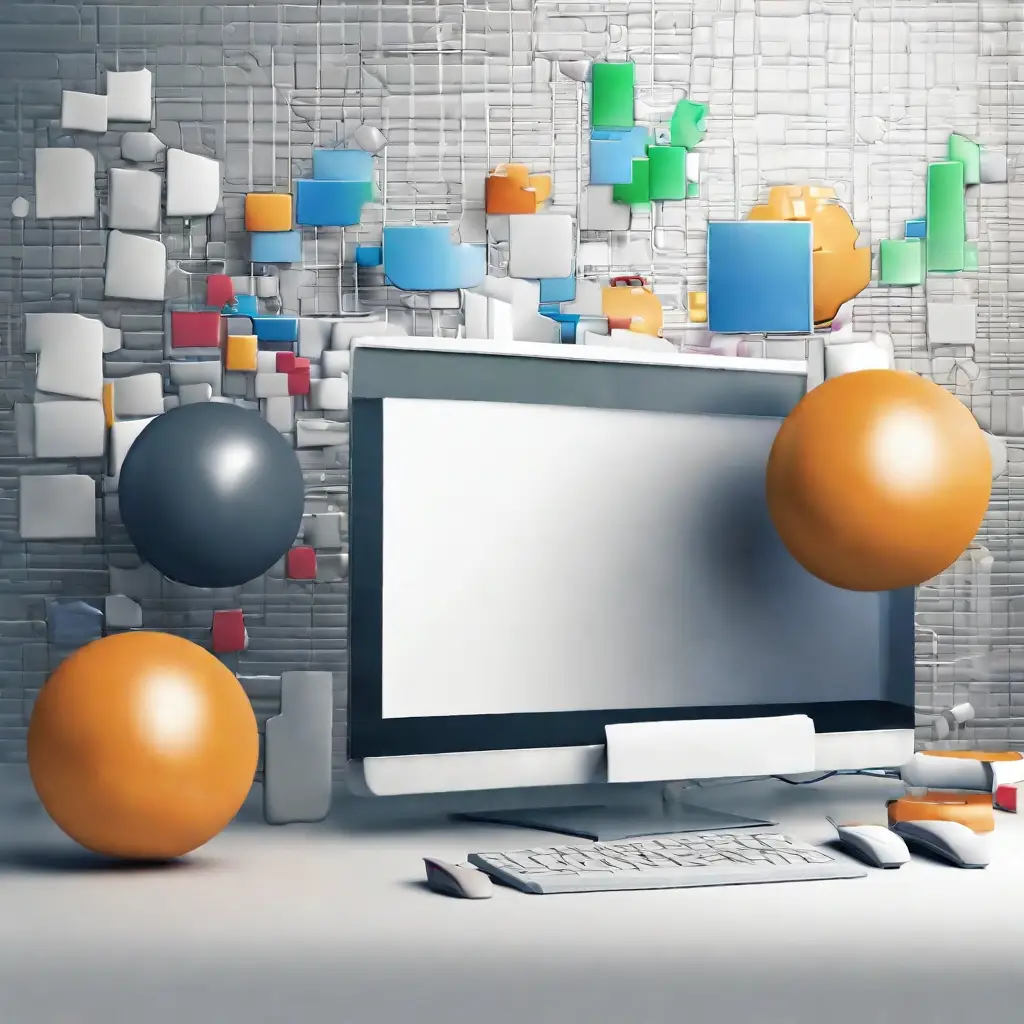 Uma consultoria de TI com um computador, monitor, teclado, mouse e bolas.