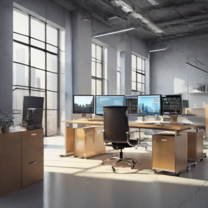 Descrição: Um escritório com diversos monitores e uma mesa, investindo em tecnologia.